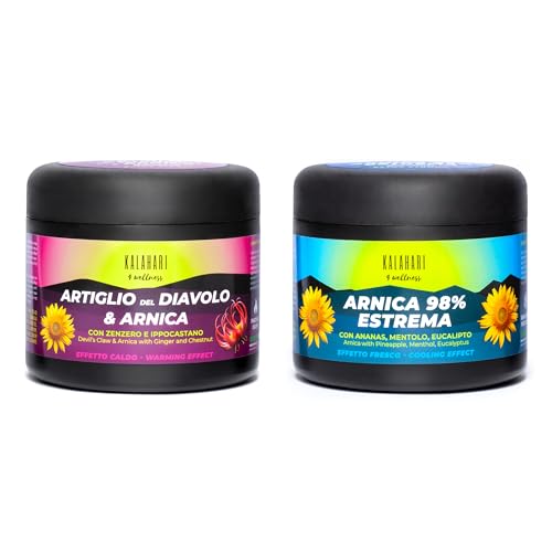 KALAHARI Kit Calor + Frío, Árnica Gel 98% + Garra del Diablo, Pre y Post entrenamiento, Acción intensa para Masajes Muscular y Articular, Contracturas, Movilidad – Extra fuerte, Made in Italy