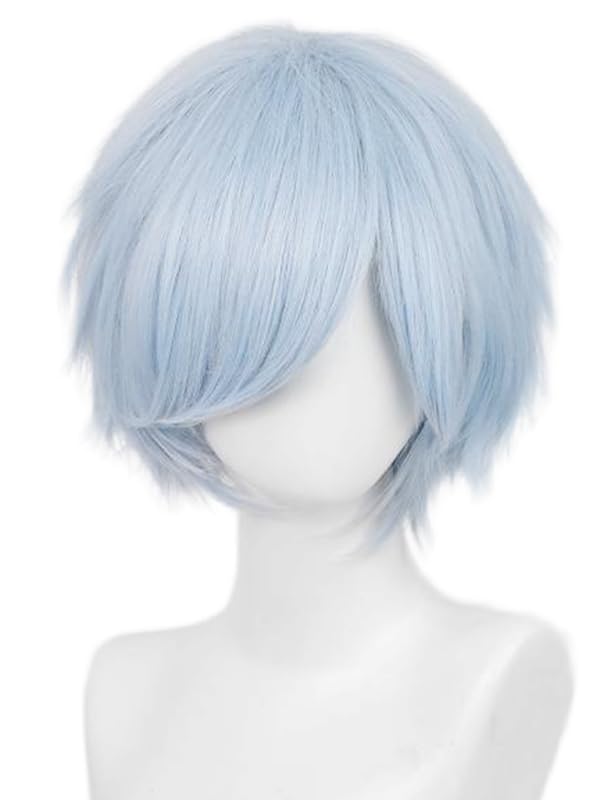 Image of LABEAUTE Unisex Short Light Blue Cosplay Wig Male Man Woman With Bangs Anime Fluffy Cosplay Hair Wigs for Party and Halloween for Gift + Free Cap