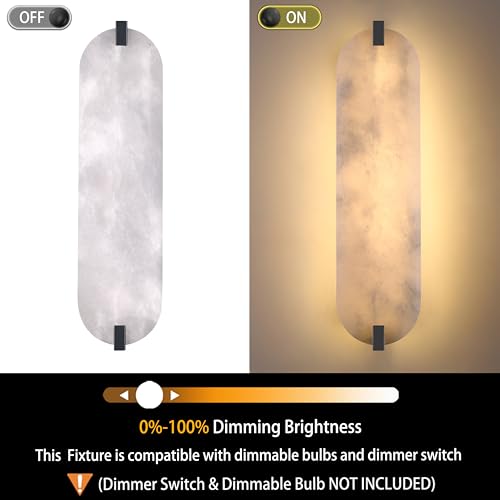 Image of 21.7 inch Natural Oval Alabaster Marble Modern Concise 2 Pack 4 Light Wall Sconce Fixture,Black Finish for Bathroom Bedroom Hallway Bedside Staircase Vanity Mirror