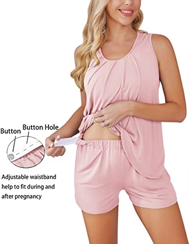Ekouaer Women Maternity Nursing Pajama Set Breastfeeding Double Layer Tank Top & Shorts With Pockets Pink M #TOP2