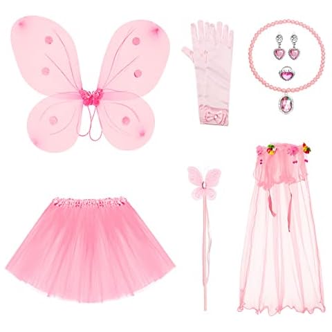 Kitimi Fairy Costume Kids, 8 Pcs Fairy Dress with Tutu Skirt, Headband, Necklace, Earrings, Magic Wand, Fairy Wings Outfit Accessories for Dressing up Clothes for Girls Carnival Party (Pink) Cover