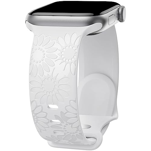 Image of Sunflower Engraved Band Compatible with Apple Watch Bands 38mm 40mm 41mm 42mm 44mm 45mm 49mm Women, Designer Soft Glossy Floral Silicone Strap for iWatch Series Ultra 11 10 9 8 7 6 SE 5 4 3 2 1