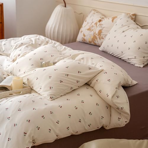 Image of Cherry Duvet Cover Queen Size Red Cherry on White Bedding Set with Zipper Closure 3 Pieces Kids Girls Cherry Pattern Soft Microfiber Comforter Cover Set with 2 Pillowcases