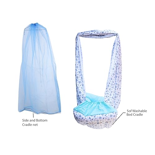 Image of beetot New Born Baby Swing Cradle (Jhula) Cradle Cloth, Removable Mattress Bed & Mosquito Net (No Any Hanger Or Spring| Weight Capacity up to 20kg | Age from 0-12 Months | Cradle (Floral Blue) Cotton