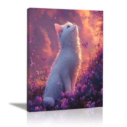 Poster chat blanc et fleurs coucher de soleil QUSAAOU tableau mural 30x45cm encadré pour salon