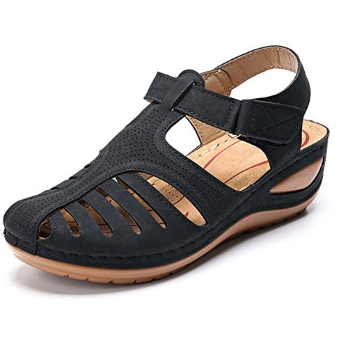 Comfy Wedge Sandal Strap Flat Shoes, Vintage Peep Toe Suede Flats, Wide Fit Sandal (7, Black)