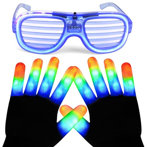 LNCOJOLM LED Light Up Glove & Glasses Christmas Party Supply Favor Costume Decoration, Glowing Neon Glasses Flashing Finger Skeleton Glove Festival Outfit