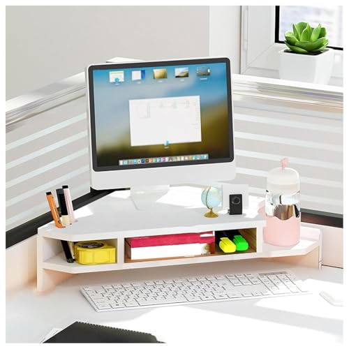 Supporto per monitor angolare bianco, supporto triangolare per scrivania, con spazio di archiviazione, organizer da scrivania in legno per scrivania da ufficio