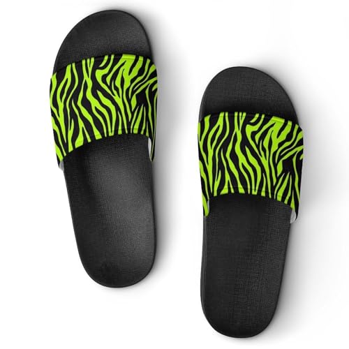 Neon Green Zebra Pattern House Slippers for Women Men Lightweight Open-toe Slide Shoes for Bathroom Swimming Beach - Main Image