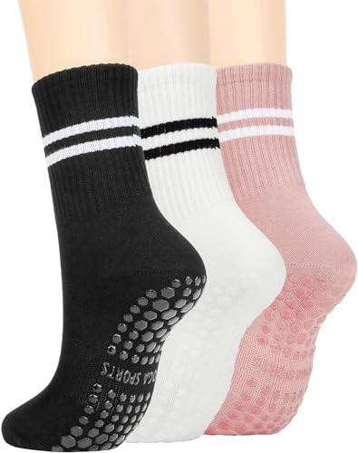 3 Pairs of Sticky Grip Pilates/Yoga Socks for Women Non-Slip Reformer Barre Ballet Dance Workout Socks with Anti-Skid Soles Extra Traction for Yoga Studio Pilates Class