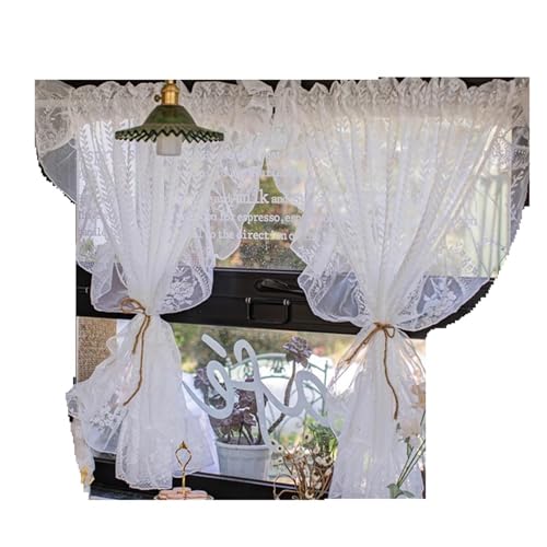 MDSRFGN Cortinas Cortas Cortinas Cortas de Encaje Blanco Transparente for cafetería, Cocina, Estilo Granja, Princesa, con Cenefa y separadores Niveles para Windows(2PC-W132xL70 cm)