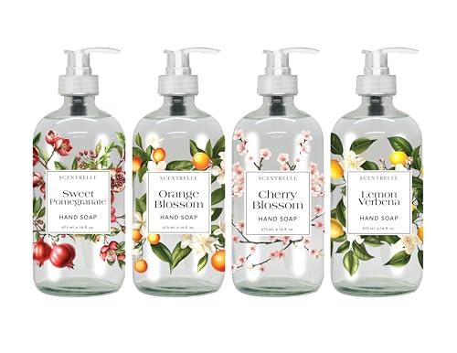 Home and Body Company Scentrelle Glass Bottle Hand Soap Set 4-Pack (16 fl oz) Sweet Pomegranate Orange Blossom Cherry Blossom & Lemon Verbena Moisturizing Liquid Soap