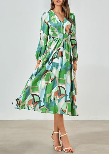 PRETTYGARDEN Women's Floral Midi Dress Casual Fall V Neck Long Sleeve Flowy Spring Beach Wedding Guest Vacation Dresses