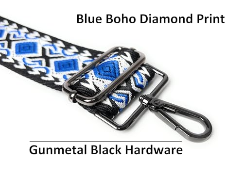 Image of Black Blue Boho Diamond Purse Strap with Gunmetal Black Hardware 2 Inch Wide Replacement Crossbody Guitar Style Shoulder Strap for Handbags Totes
