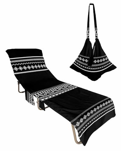 Boho Black Beach Chair Cover with Side Pockets, Microfiber & Quick Dry Pool Chaise Lounge Chair Towels Covers for Sun Sunbathing Patio Garden Hotel, White Geometric Stripes Southwestern Bohemia