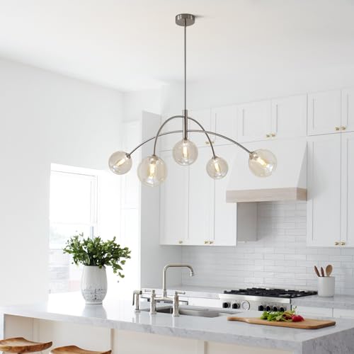 Image of Mid Century Modern Sputnik Chandelier with Glass Globe Cognac Shade Adjustable 5 Light Silver Chandelier for Dining Room Kitchen Bedroom