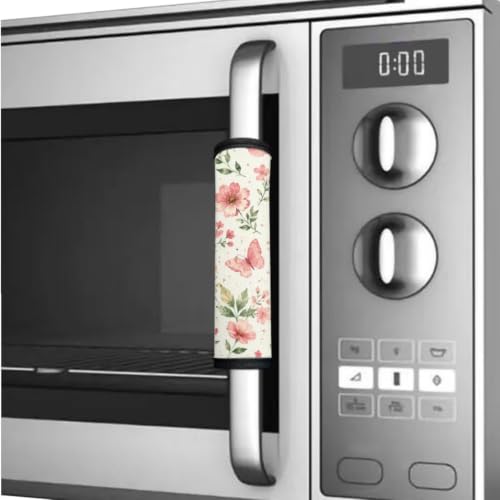 Image of Fridge Door Handle Covers Set of 6 Kitchen Appliance Decor Handles Glove Anti-Slip Protectors Washable Fabric Refrigerator Decor Accessories, Butterfly Floral Cream White
