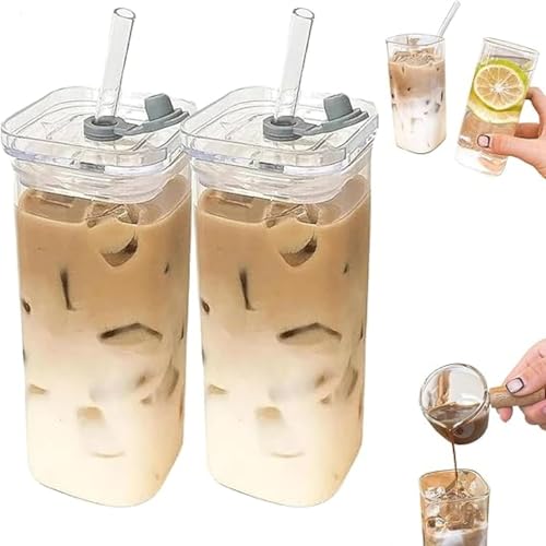 Palaufr 2 Tasses Carrées En Verre Avec Couvercles Et Pailles | Tasses À Café Carrées De 400 Ml | Verrerie De Bar Transparente | Pour L'eau Café Jus Bière...