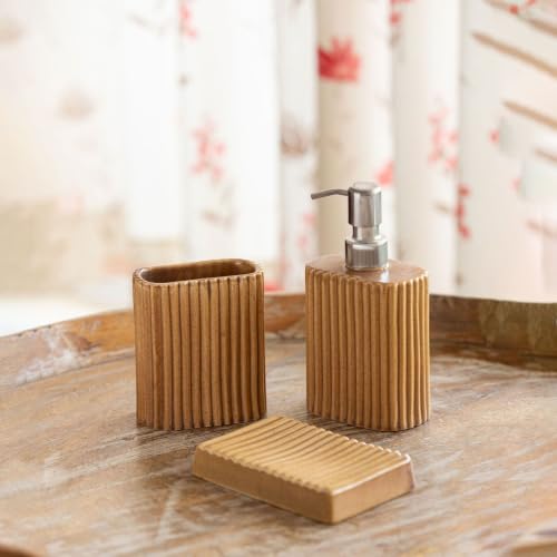 Image of ExclusiveLane 'Amber Flute' Ceramic Bathroom Accessories Set of 3 (Ceramic Liquid Soap Dispenser Set for Wash Basin, Paste & Toothbrush Holder, Soap Tray) |Hand-Carved |Bathroom Organiser Set