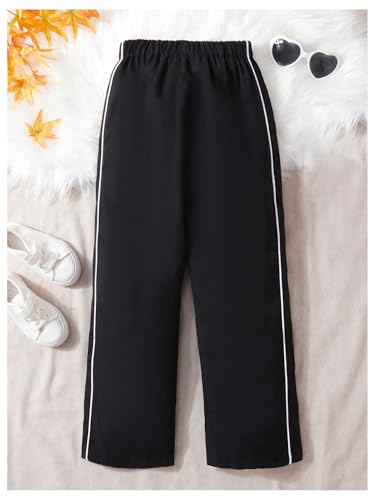 WDIRARA Girl's Elastic Waist Wide Leg Pants Contrast Trim Sweatpants with Pockets2