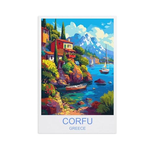 Póster de viaje vintage de Corfu Grecia, lienzo para decoración del hogar, 20 x 30 cm, para sala de estar, dormitorio y oficina, pintura escénica de paisaje de ciudad