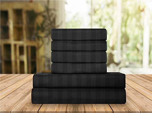 Elegant Comfort Luxury Soft Bed Sheets Dobby Stripe 1500 Premium Hotel Quality Microfiber Softness Wrinkle and Fade Resistant (6-Piece) Bedding Set, Full, Stripe Black