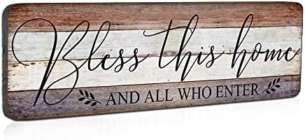 Farmhouse Family Wall Decor Rustic Wood Hanging Wall Art – Bless This Home And All Who Enter – Family Signs for Home Decor Inspirational Quotes for Hallway, Kitchen, Living Room 16″x5″