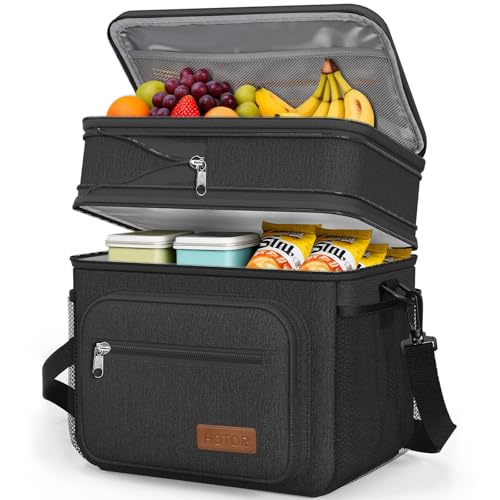 HOTOR Lunch Box for Men & Women - Double-Layer Insulated Lunch Bag with Leakproof Liner, Portable Cooler for Work, Travel, or Picnic, Black, 12L, 11.1