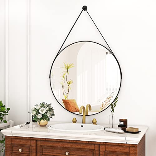 Xramfy 16" Black Round Hanging Mirror With Leather Strap For Wall Circle Mirror With Wall Mounted For Entryway Washroom Makeup Vanity Dressing Living Room Bedroom #TOP1