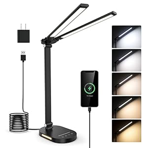MOOKCCOS Double Head LED Desk Lamp with USB Charging – 5 Color Modes, Memory Function – Ideal for Home Office Desk Lamp, Multi-Angle Adjustable and Foldable Design Table Lamp- Black