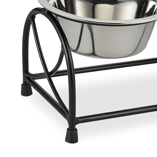 Relaxdays Futterstation Hund, Napfständer kleine Hunde, Hundebar 2 Edelstahlnäpfe je 400ml, Futterbar, schwarz/Silber