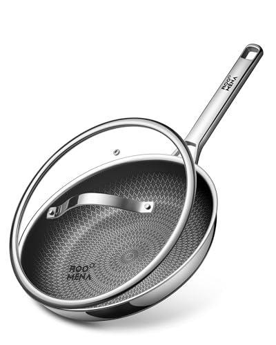 Image of Roomena Non Stick Frying Pans Hybrid Ceramic With Lid, 12 Inch Tri-Ply Stainless Steel Skillet, Non-Toxic, PFAS/PFOA/PTFE Free, Metal Utensil Safe, Dishwasher & Oven Safe,Upgraded Version