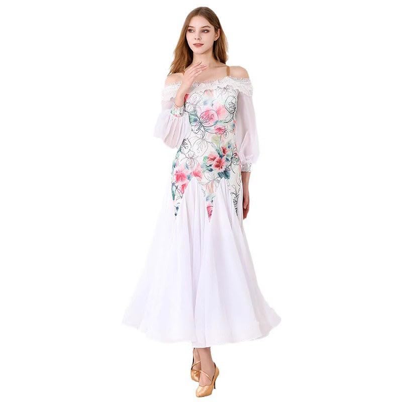 JRUIA Elegante Moderne Tanzkleider Nationale Standard Tanzbekleidung Tango Walzer Übungskleid Für Damen Tolles Swing Tanzkostüm Aus Tüll,Weiß,L