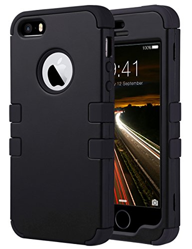ULAK iPhone 5S Case,Black iPhone 5 SE Case, Anti Slip Shock Resistance Protective Cover with Hybrid High Soft Silicone + Hard PC Case for Apple iPhone 5/5S/SE (Black+Black)
