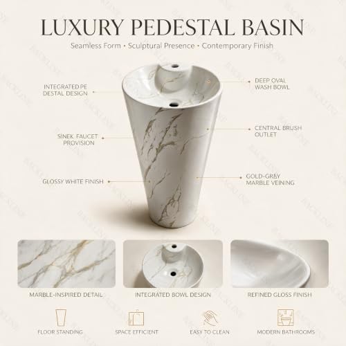 Image of Backline Pedestal Wash Basin| Free Standing Pedestal Basin 7 Years Warranty | One Piece Basin for Bathroom /Office /Living Room /Restaurant (Size - 15 x 15 x 34 Inch) (White Glossy)