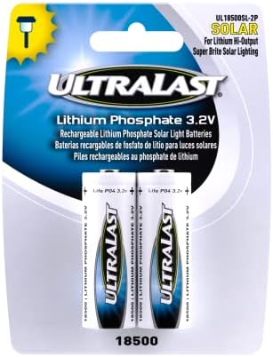 ULTRALAST UL18500SL-2P 18500 Battery - Lithium Phosphate RechargeableFlat Top Batteries - 3.2 Volt, 1000mAh Replacement Lithium Batteries for Flashlights, Outdoor Solar Lights, Home Devices - 2-Pack