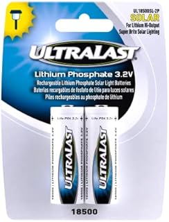 ULTRALAST UL18500SL-2P 18500 Battery - Lithium Phosphate RechargeableFlat Top Batteries - 3.2 Volt, 1000mAh Replacement Lithium Batteries for Flashlights, Outdoor Solar Lights, Home Devices - 2-Pack