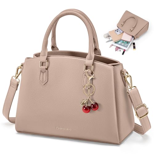 RAINSMORE PU Leather Handbags for Women Top Handle Bag with Detachable Adjustable Shoulder Strap Ladies Handbags Fits 11 Inch Tablet Hand Bag for Work Shopping Daily Use Khaki
