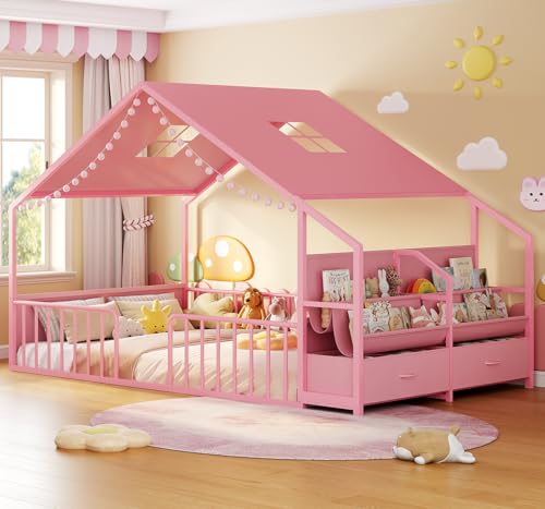 ADORNEVE Montessori Full Size Floor Bed with Safety Guardrails for Kids House Bed Floor Bed Full with Sling Bookshelves & Storage Drawers Metal Floor Bed Frame for Bedroom Nursery Playhouse Pink