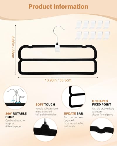 Image of 10 Pack Velvet Pants Hangers Space Saving, Non Slip 2-Layer Hanger (Black) | Heavy Duty Flocked Trouser Hangers,pants organizer for closet with Swivel Hook, Felt Jean Hangers for Women and Men