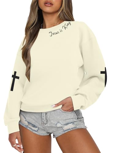 Oversized Christian Sweatshirts for Women Jesus is King Sweatshirt Faith Shirt Bible Verse Religious Pullover Tops Apricot