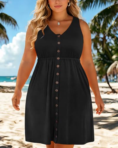 Holipick Women's Plus Size Summer Dresses for Women Casual Dress with Pockets A-Line Swing Button Down Sleeveless V Neck2
