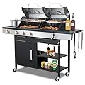 Gas and Charcoal Combo Grill with Side Burner, 37,230 BTU Outdoor BBQ Grill with Porcelain-Enameled Cast Iron Grates and Griddle Plate, Thermometer, Storage Cabinet Rack for Patio, Garden, Backyard