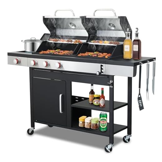 Gas and Charcoal Combo Grill with Side Burner, 37,230 BTU Outdoor BBQ Grill with Porcelain-Enameled Cast Iron Grates and Griddle Plate, Thermometer, Storage Cabinet Rack for Patio, Garden, Backyard