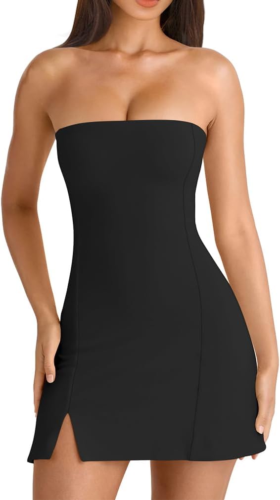 HYZ Women's Tube Strapless Sleeveless Y2K Split Party A-Line Mini Dress