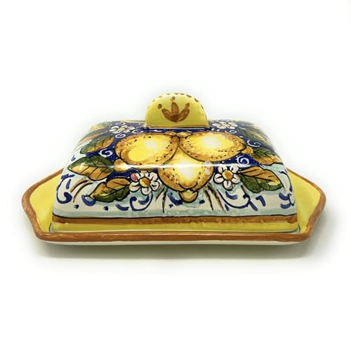 CERAMICHE D'ARTE PARRINI- Italian Ceramic Butter Dish Hand Painted Decorated Three Lemons Made in ITALY Tuscan Art Pottery