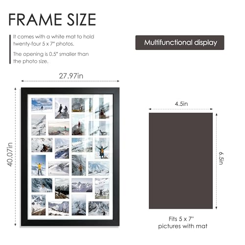 Image of DUENPY 26x38.1 Picture Frame 24-Opening 5x7 Collage Picture Frame Displays Twenty-Four 5x7 Photos Wall Decor Wall Hanging or Tabletop Black