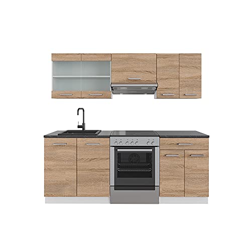 Vicco Küchenzeile R-Line, Küchenblock, Sonoma/Weiß, 200 cm, AP Anthrazit