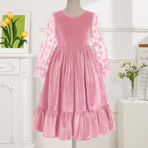 IDOPIP Girls Mesh Long Sleeve Velvet Dress 3D Flower Winter Fall Ruffle Dress Prom Christmas Christening First Communion Gown2
