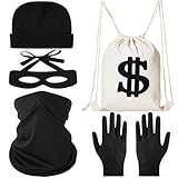Juego de disfraz de ladrón de banco, disfraz de ladrón, disfraz de criminal con máscara para ojos, bolsa de dinero, gorra, guantes, pañuelo para carnaval o fiesta temática